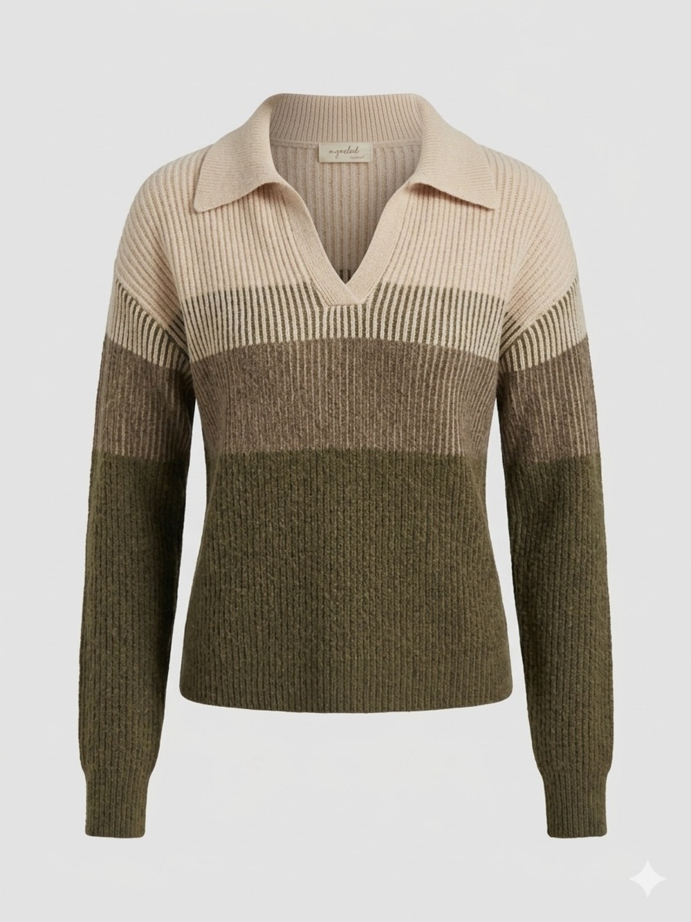 Mystree Olive, Taupe and Cream V-Neck Polo Sweater
